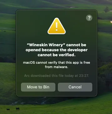 Wineskin Winery: Error Impossible to open